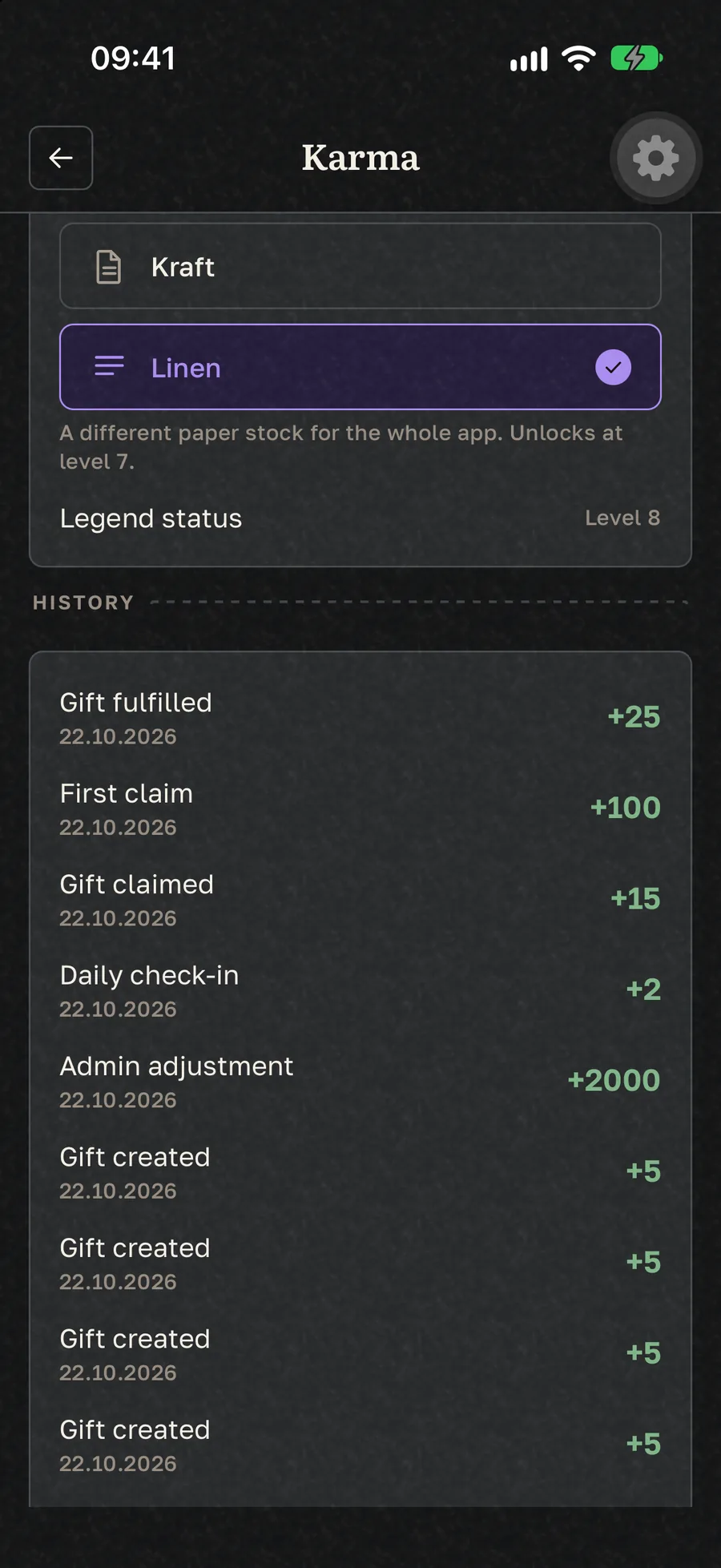 The paper stock picker in Gift Buddy settings with Standard, Kraft and Linen options