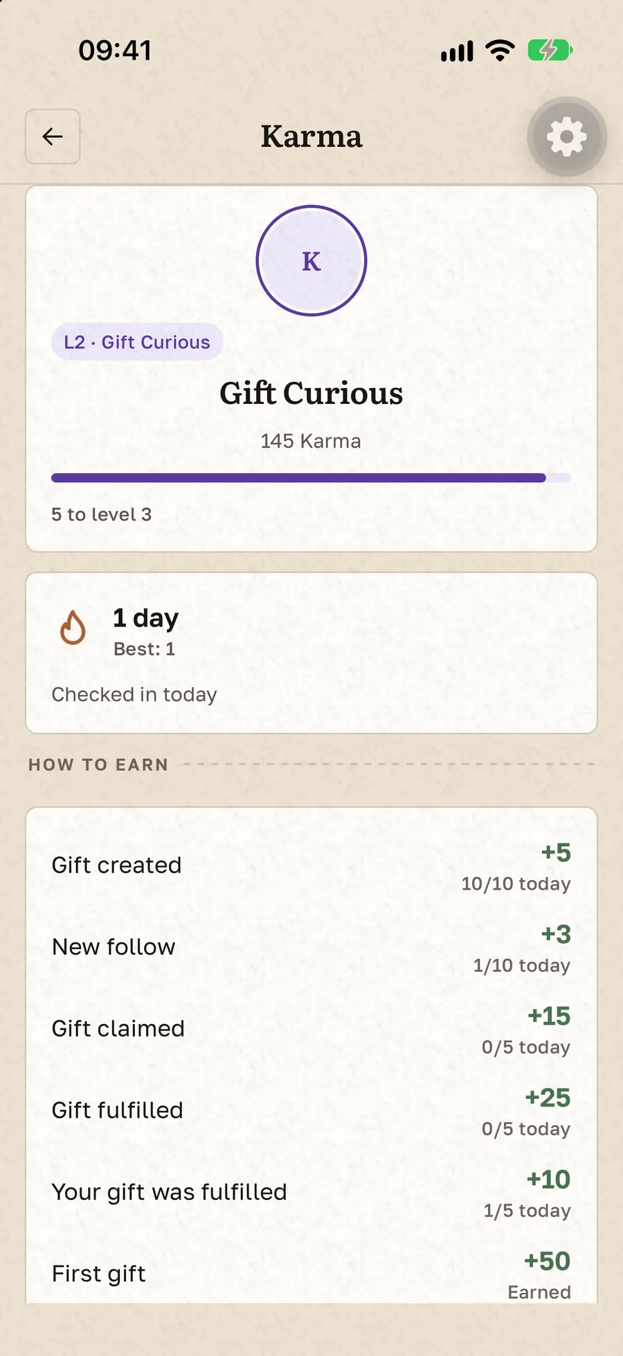 Karma hub in Gift Buddy showing the current level, progress to the next one, the streak flame and today's earning limits