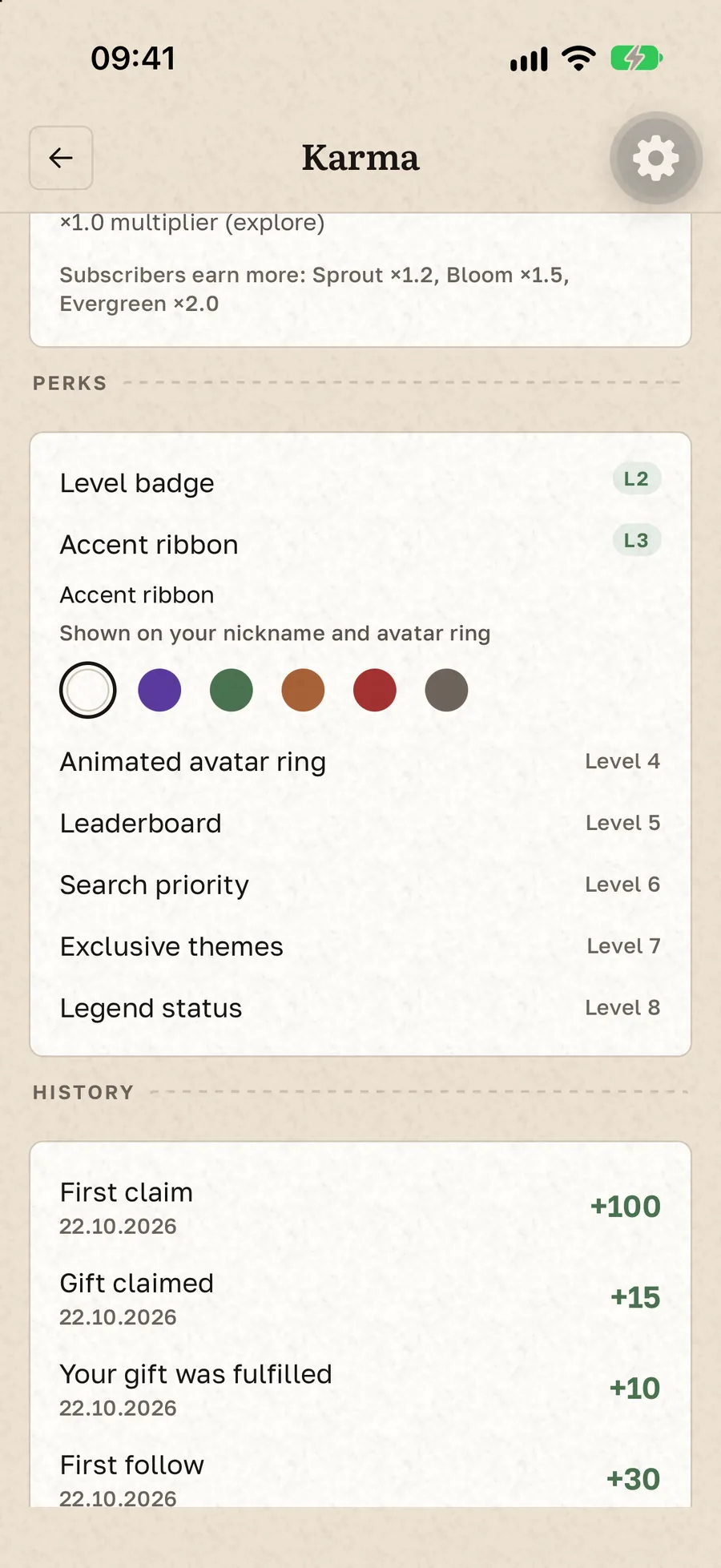 The levels list in the Karma hub with thresholds and the perk unlocked at each level