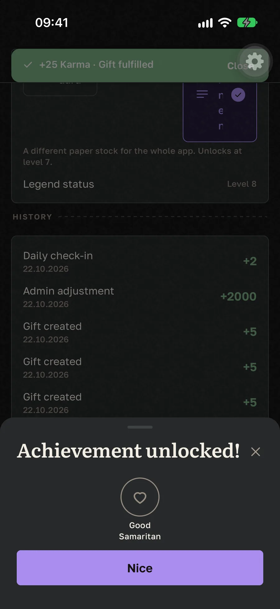 Achievement unlocked sheet in Gift Buddy showing a newly earned seal with its name and rarity